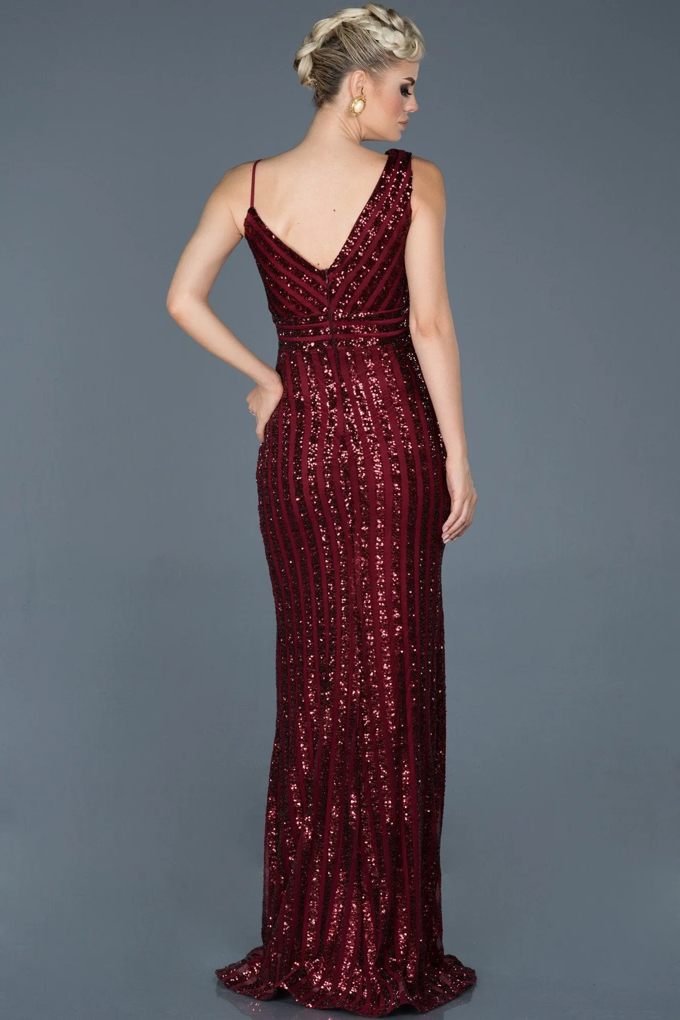 16010 Burgundy One Shoulder Sequins Dress