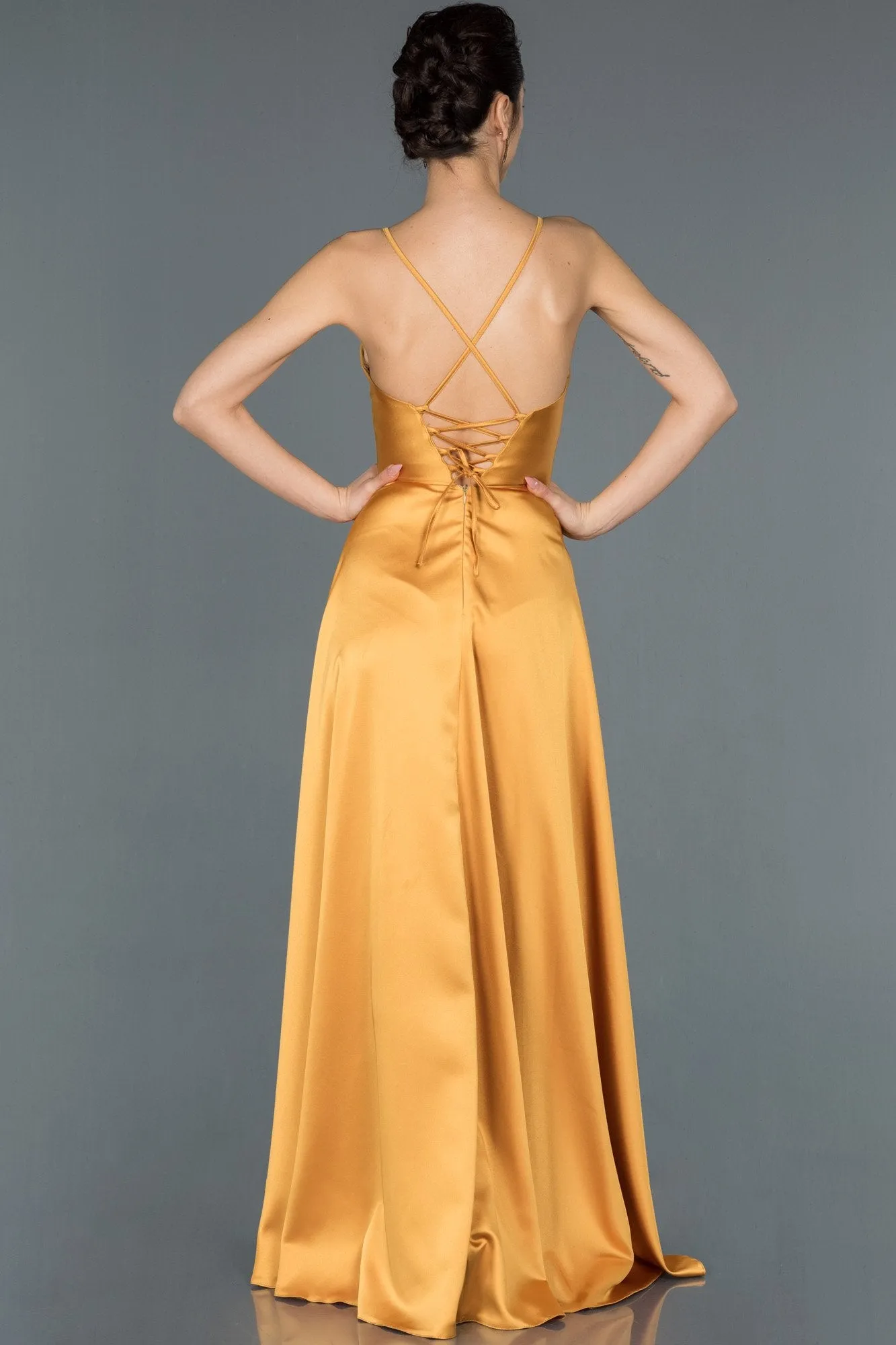 16666 Yellow Back Cross Strap Satin Slit Dress