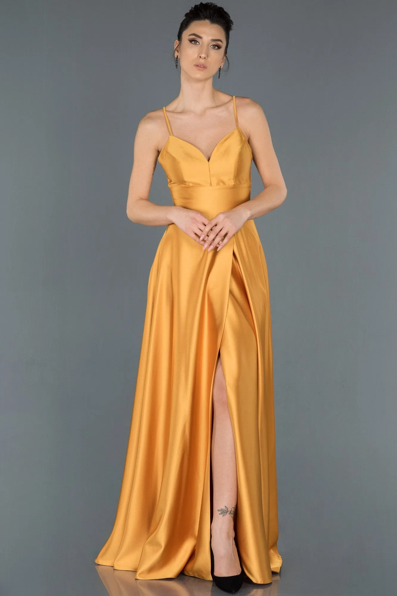 16666 Yellow Back Cross Strap Satin Slit Dress