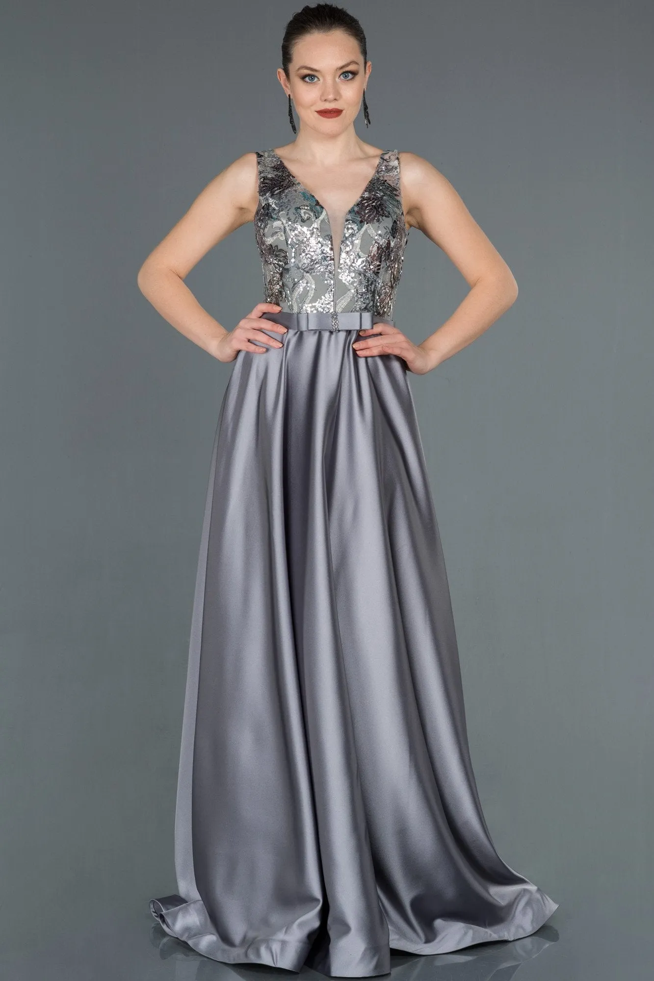 16680 Grey Embroidered Top Satin Dress