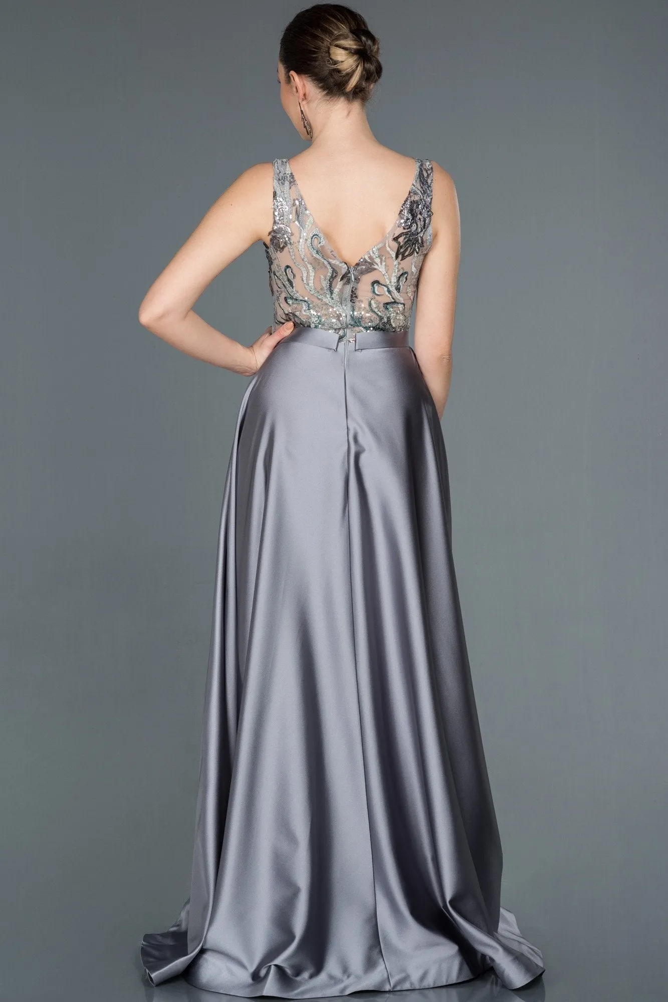 16680 Grey Embroidered Top Satin Dress