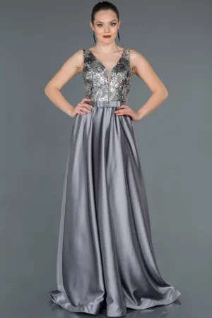 16680 Grey Embroidered Top Satin Dress