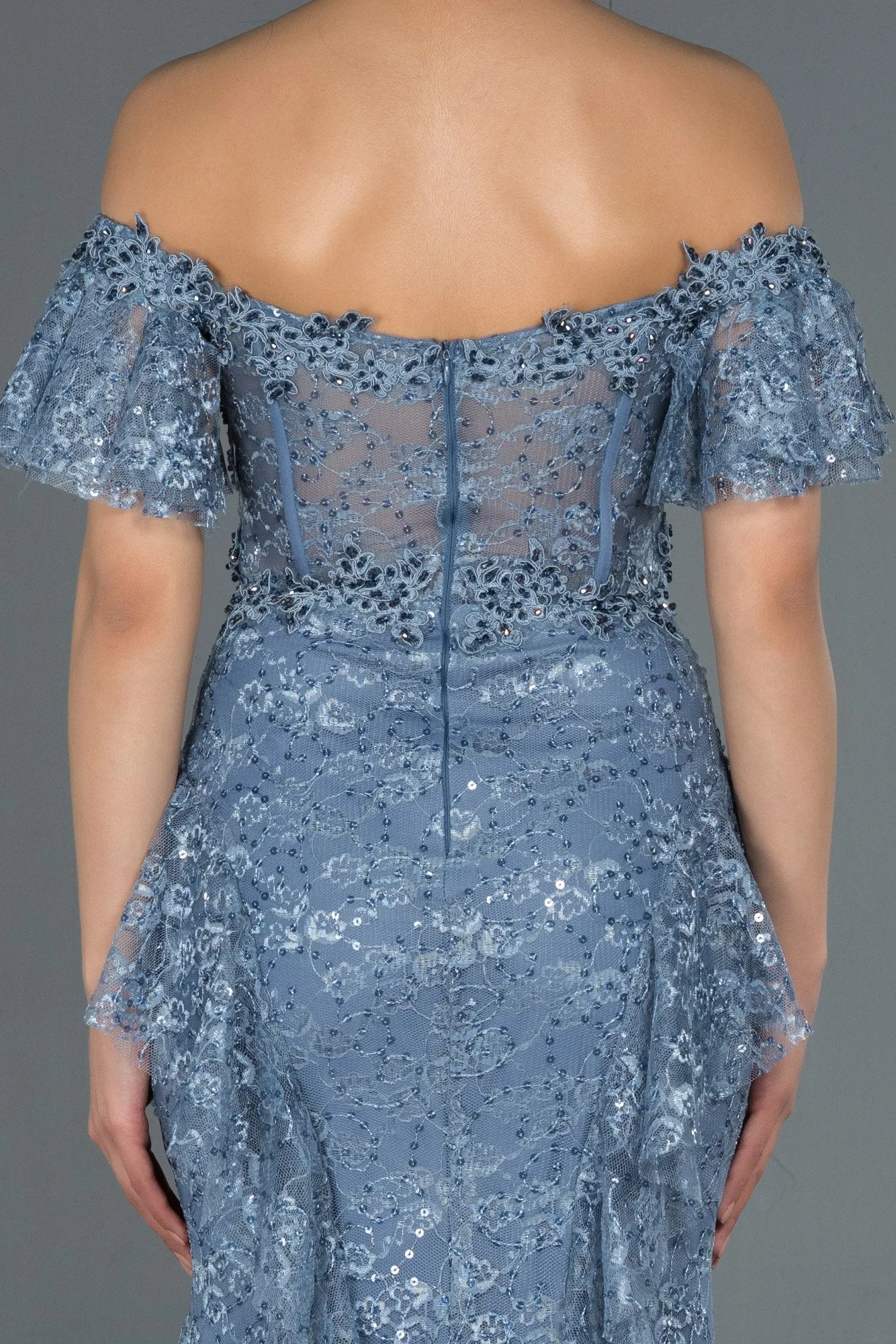 17028 Blue Transparent Corset Strapless Lace Dress