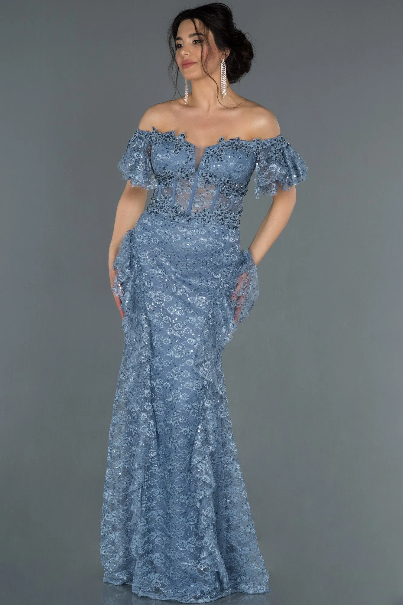 17028 Blue Transparent Corset Strapless Lace Dress