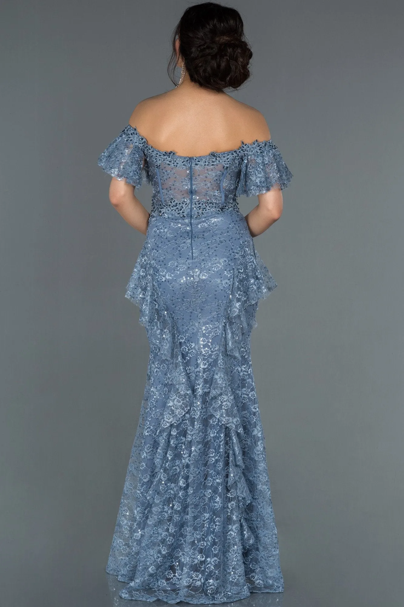 17028 Blue Transparent Corset Strapless Lace Dress