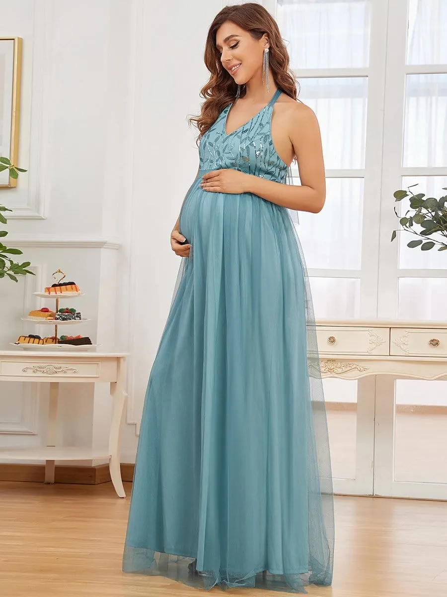 Adjustable Halter Neck Sequin Tulle Bump Friendly Dress