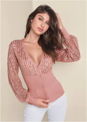 Banded Bottom Sequin Cardigan - Rose Gold