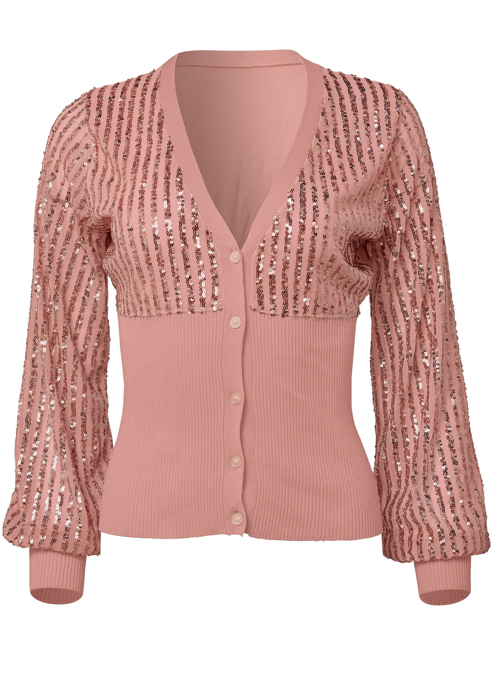 Banded Bottom Sequin Cardigan - Rose Gold