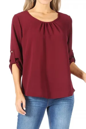 FashionJOA Casual Round Neck Roll up Tab 3/4 Sleeve Shirt Blouse Tops