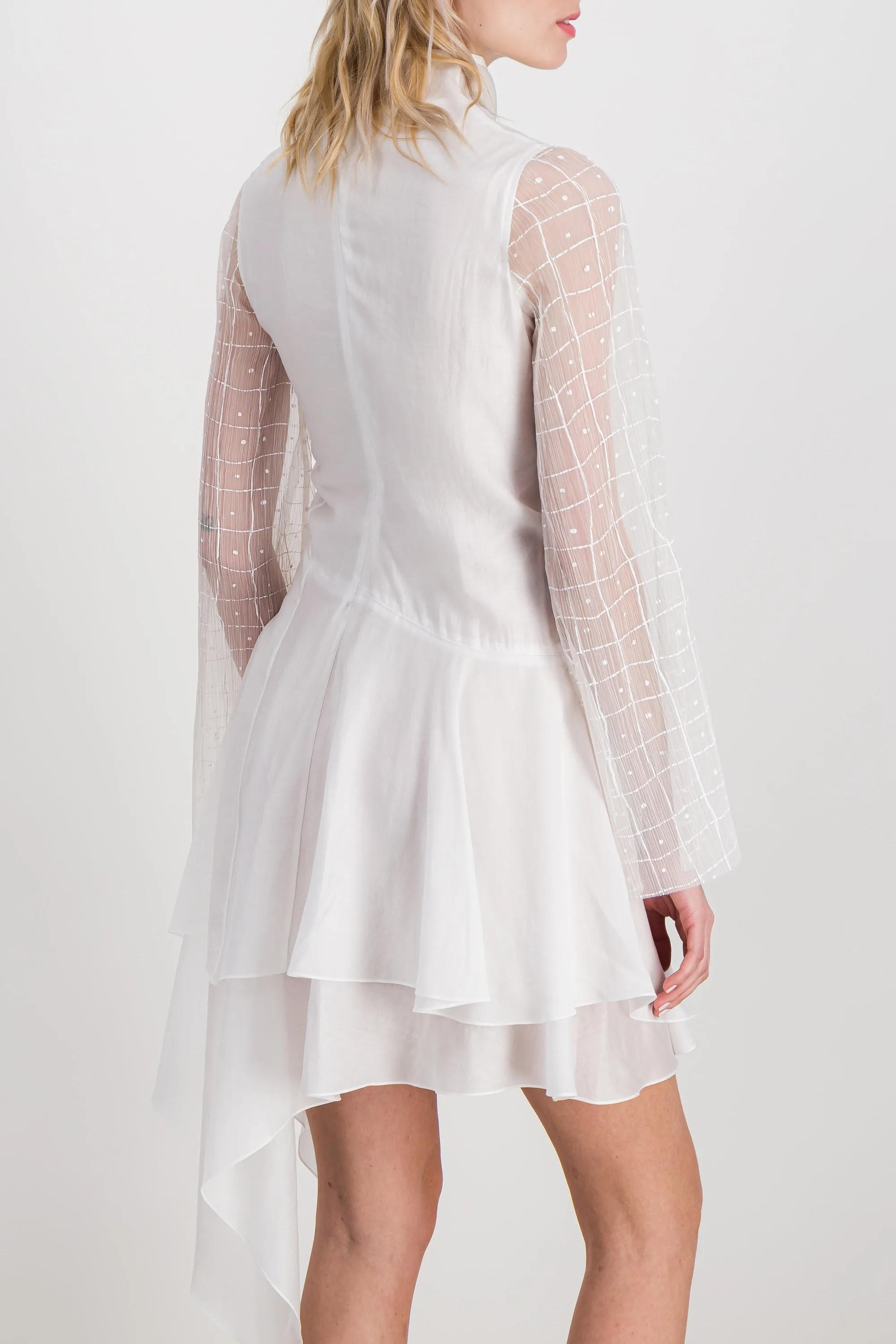 Fluid asymmetric dress with sheer trumpet sleeves