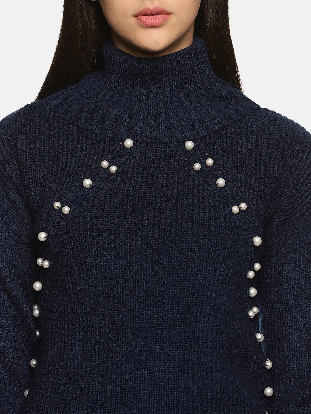 IS.U Navy Pearl High Neck Oversized Knitted Sweater