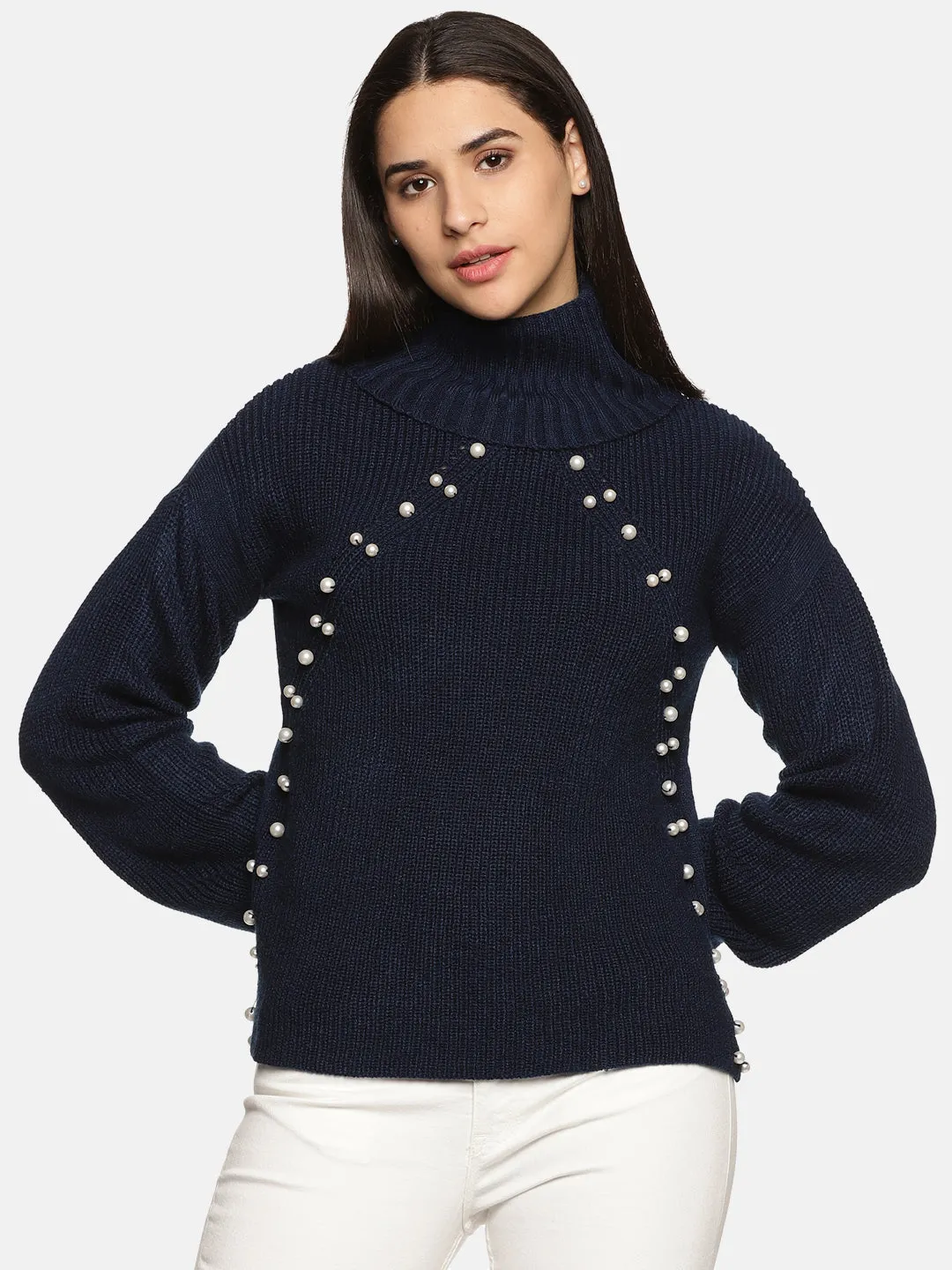 IS.U Navy Pearl High Neck Oversized Knitted Sweater