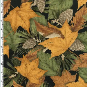 Kona Bay Fabrics Outdoor Pine Cone & Leaf on Black Cotton Prints