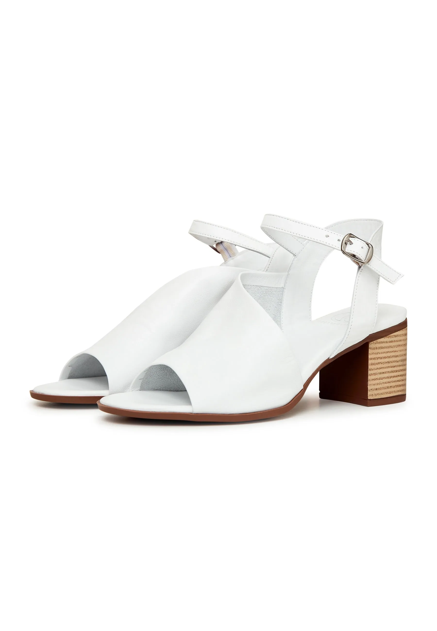 Leather Block Heeled Sandals - White