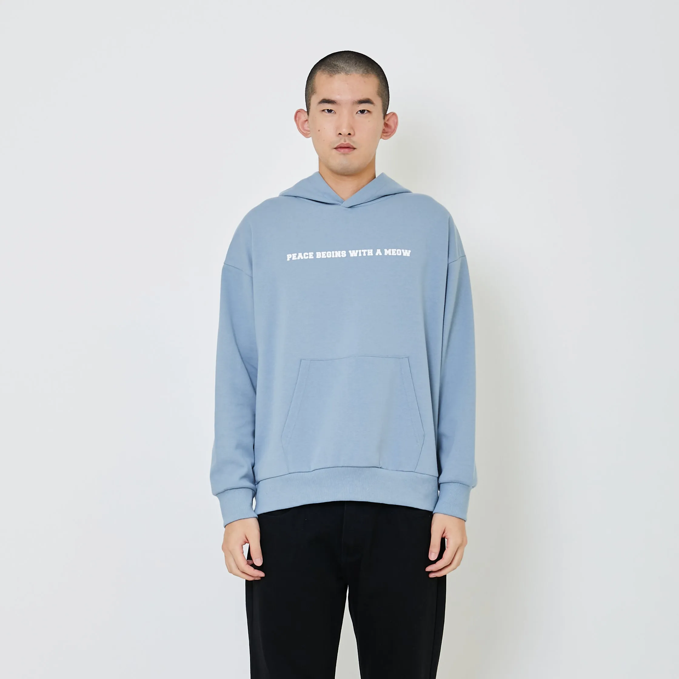 Men Printed Oversized Hoodie - Dusty Blue - SM2404077C