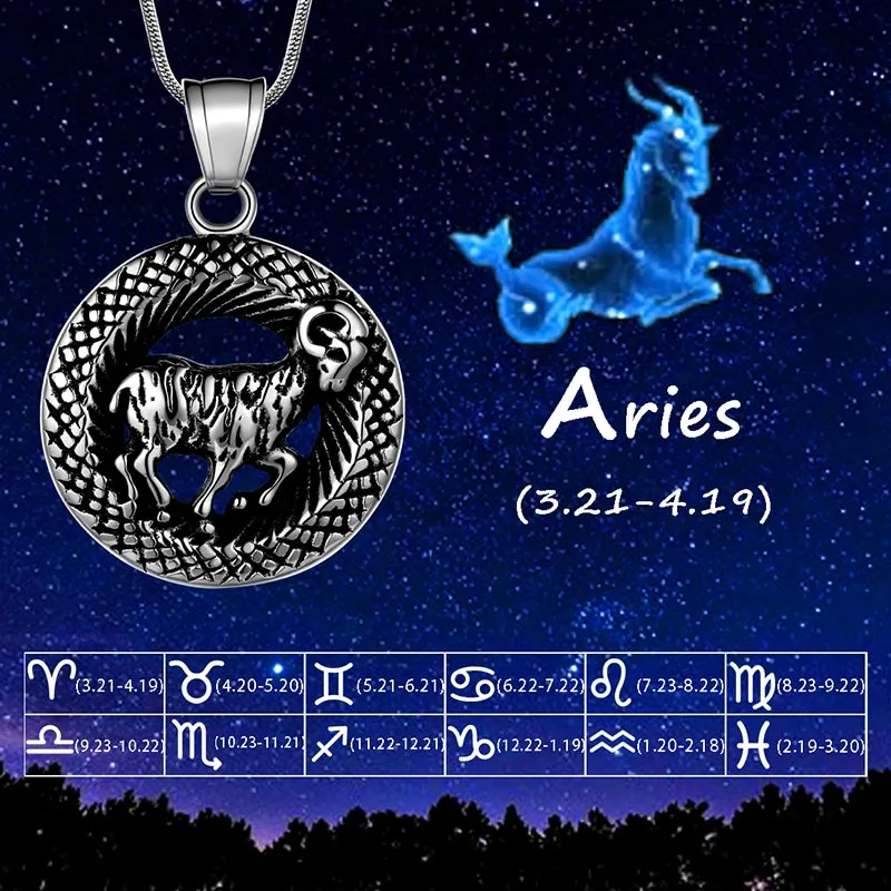 Men Zodiac Aries Necklace Pendant Star Sign Constellation Jewelry Women Boys Girls Birthday Gift