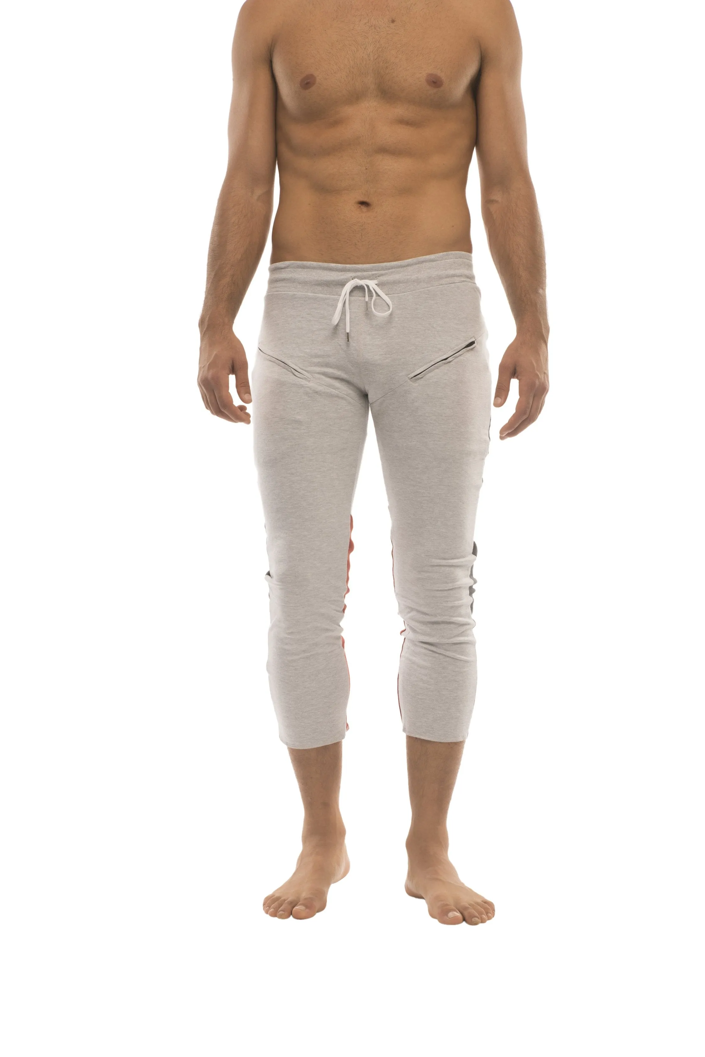 Mens 4/5 Zipper Pocket Capri Yoga Pants (GREY w/Charcoal & Red)