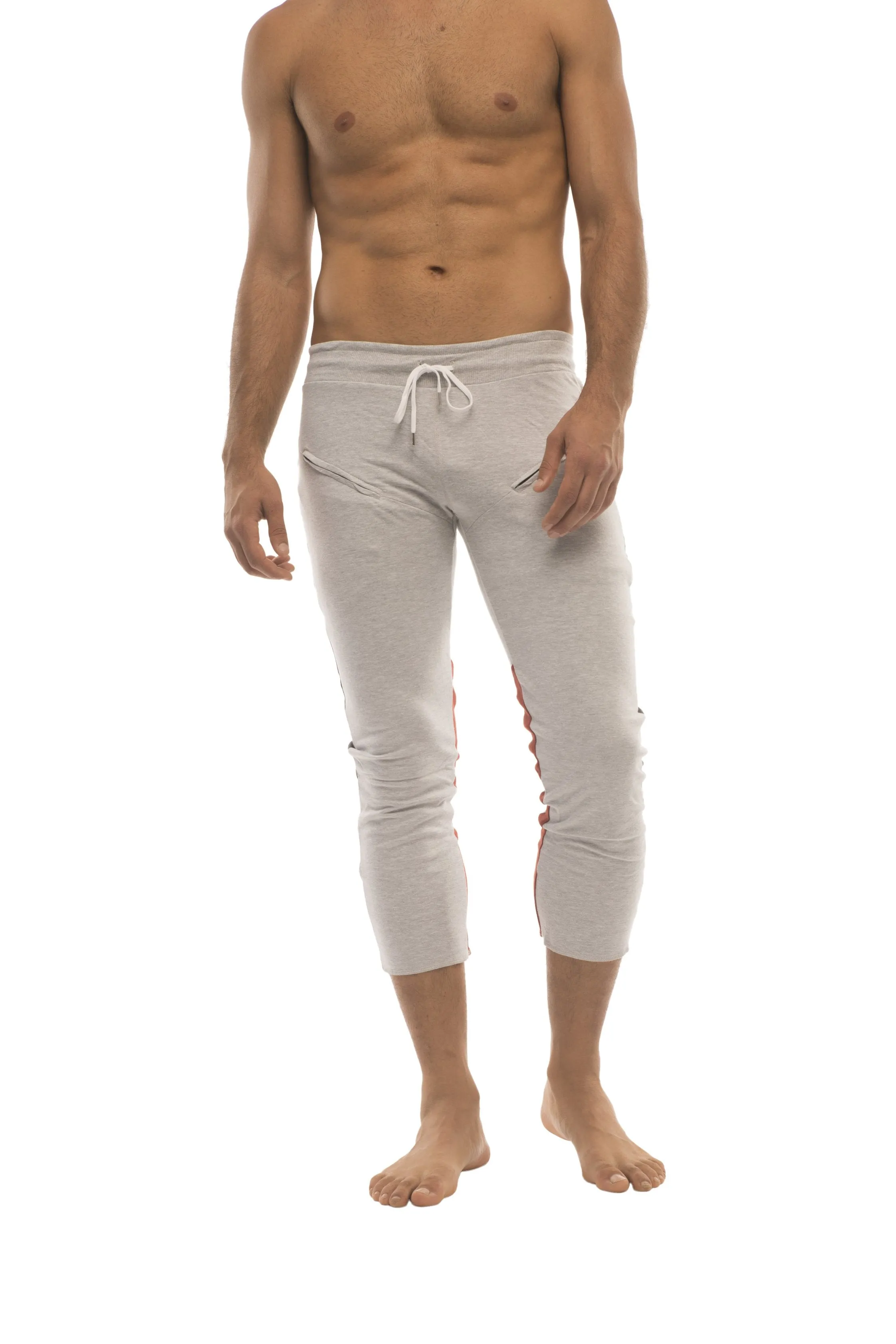 Mens 4/5 Zipper Pocket Capri Yoga Pants (GREY w/Charcoal & Red)