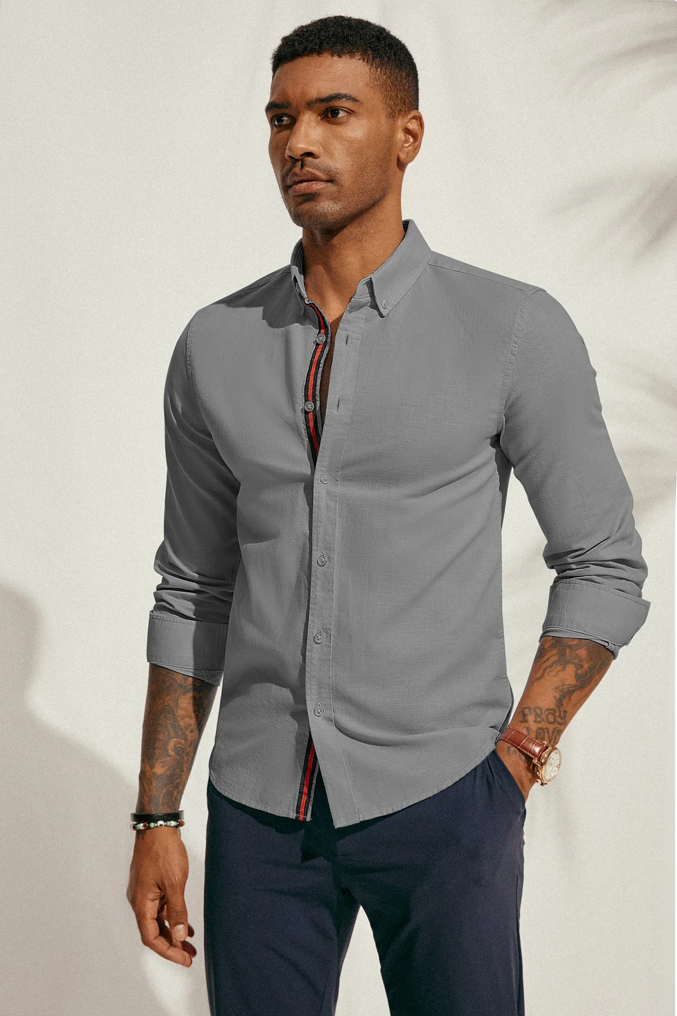 PJ Men Breathable Cotton & Linen Shirt Long Sleeve Button-Down Collar Tops