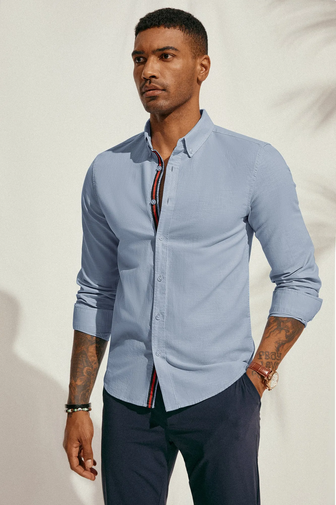 PJ Men Breathable Cotton & Linen Shirt Long Sleeve Button-Down Collar Tops