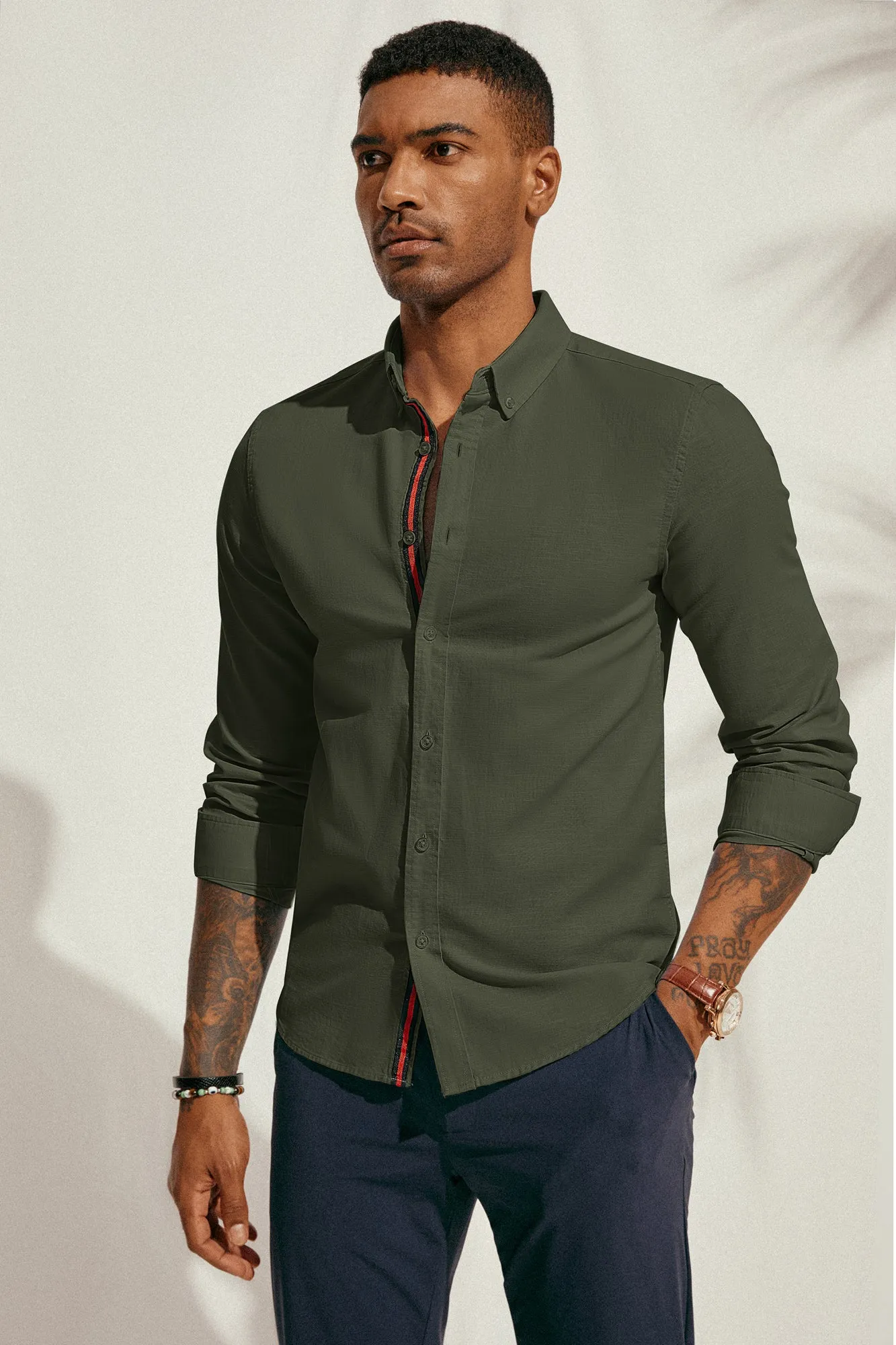 PJ Men Breathable Cotton & Linen Shirt Long Sleeve Button-Down Collar Tops