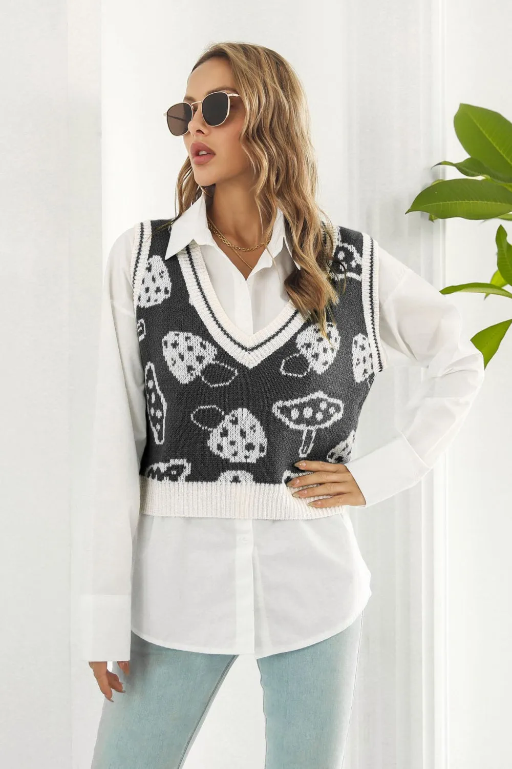 Printed Plunge Neck Sweater Vest