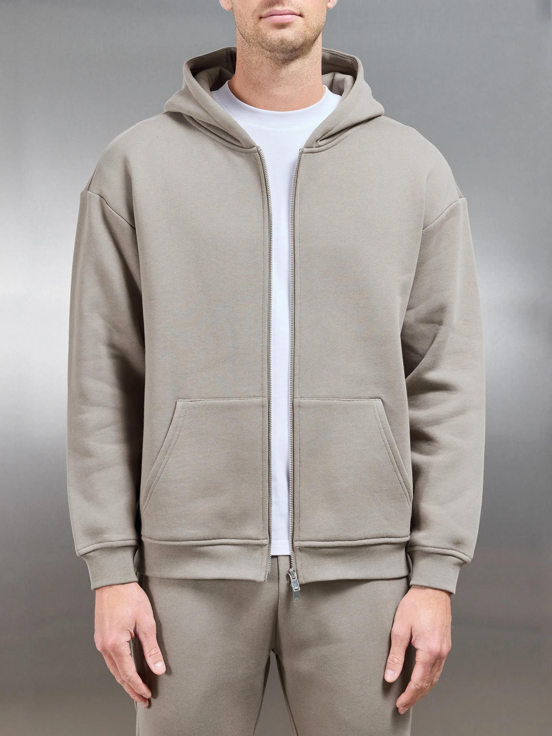 Relaxed Zip Through Hoodie in Taupe