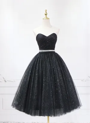 Shiny Black Sweetheart Tea Length Tulle Prom Dress, Black Evening Dress Homecoming Dress