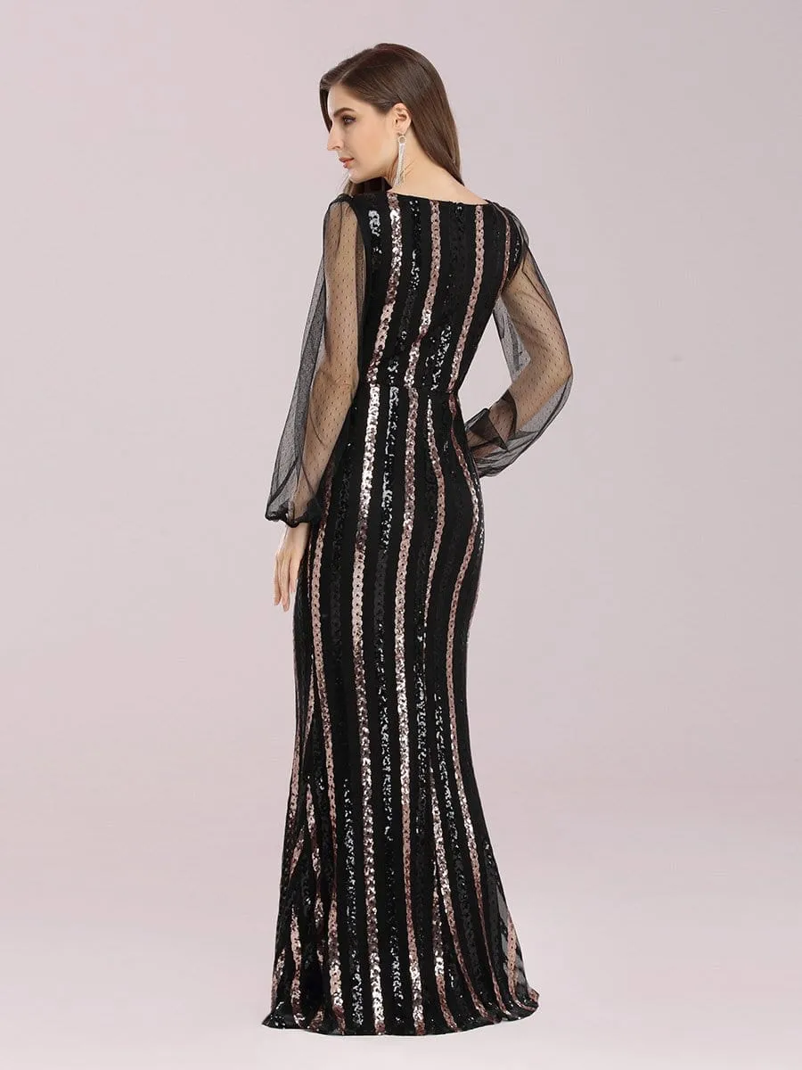 Shiny Mermaid Sequin Evening Dress with See-through Sleeves