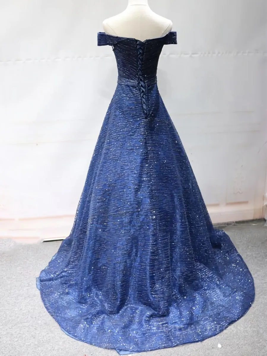 Shiny Off the Shoulder Navy Blue Long Prom Dresses Off Shoulder Blue Formal Evening Dresses