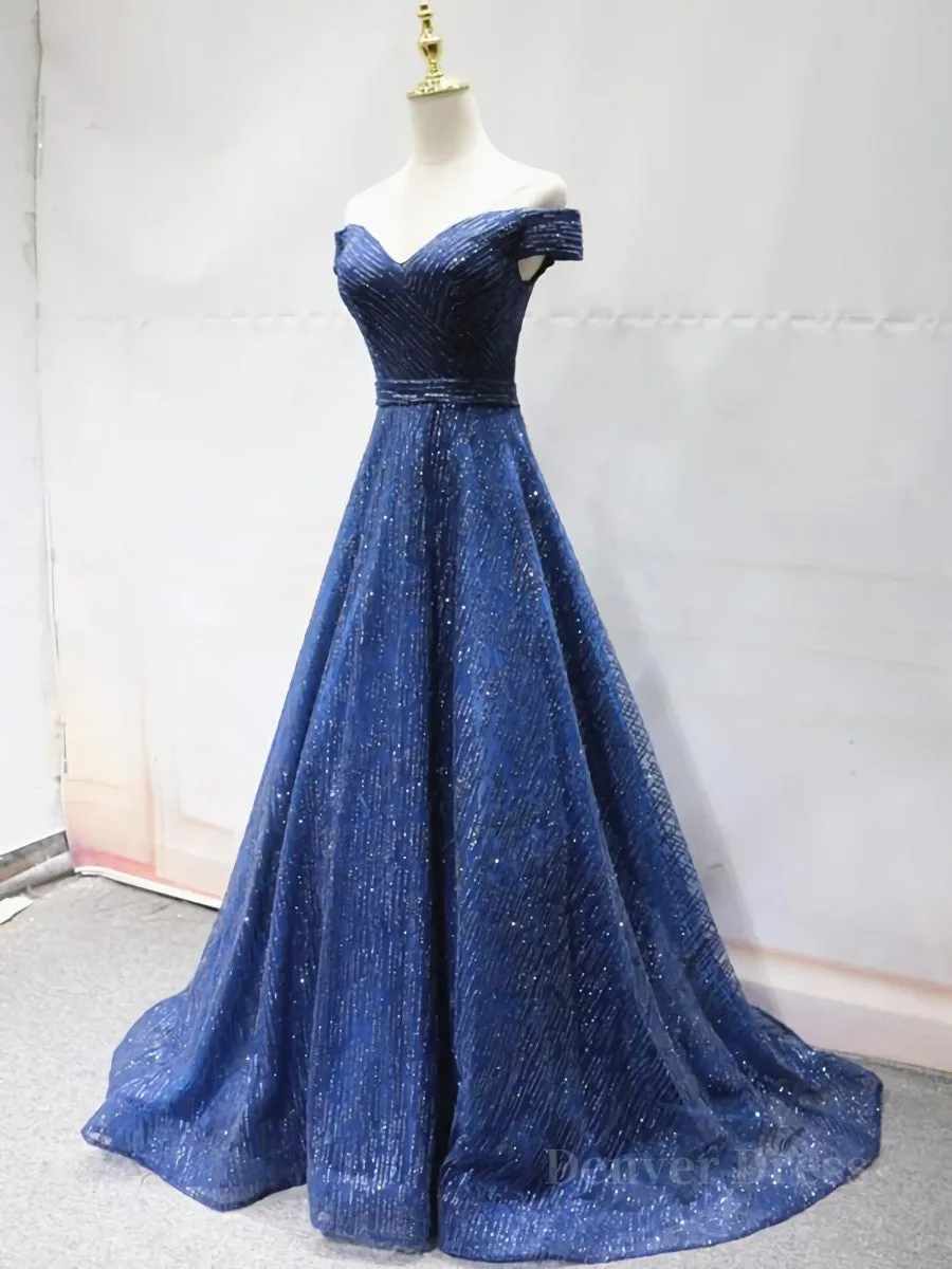 Shiny Off the Shoulder Navy Blue Long Prom Dresses Off Shoulder Blue Formal Evening Dresses