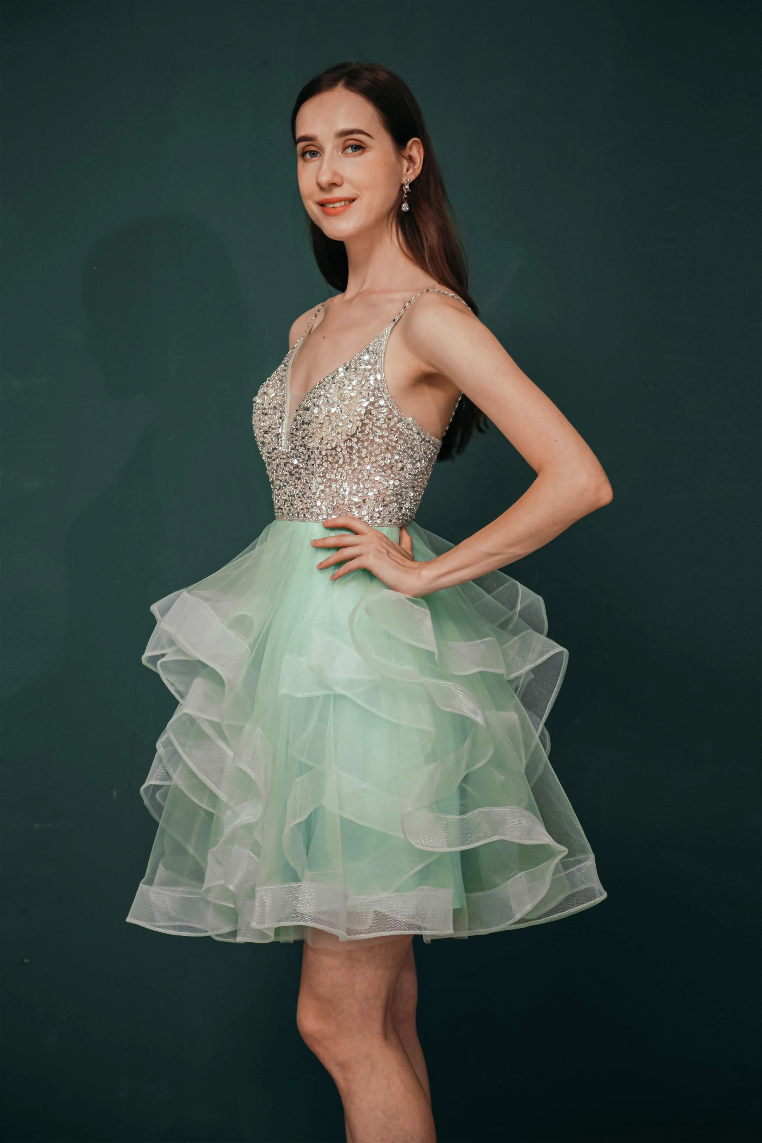 Short A-Line V Neck Tiered Shiny Beads Crystal Homecoming Dresses