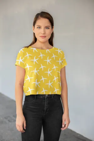 Stay Cool and Stylish: Summer Yellow Crop Tee - Trendy, Casual, and Comfortable! Crop tee with Coral designs, Fashionable and Fun Crop