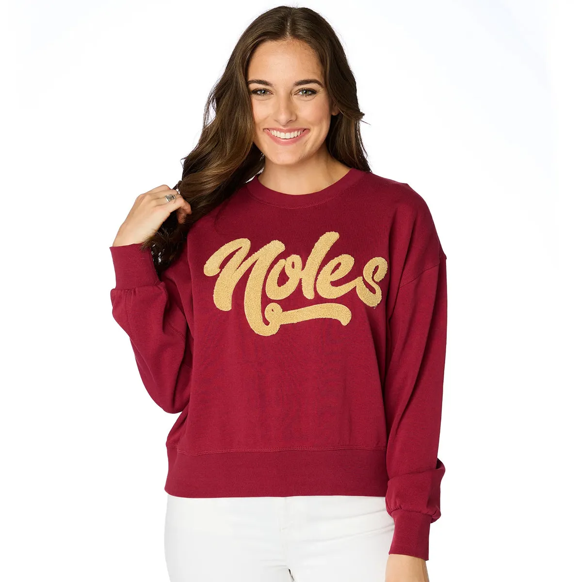 Stewart Simmons Women's Chenille Noles Design Relaxed Crew Fleece - Garnet