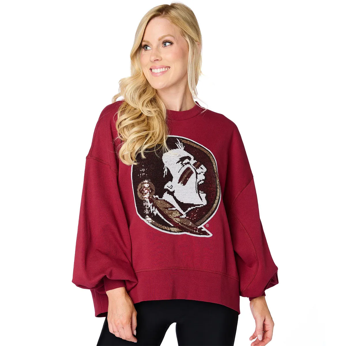 Stewart Simmons Women's Sequins Seminole Logo Design Relaxed Oversized Fleece Crew - Garnet