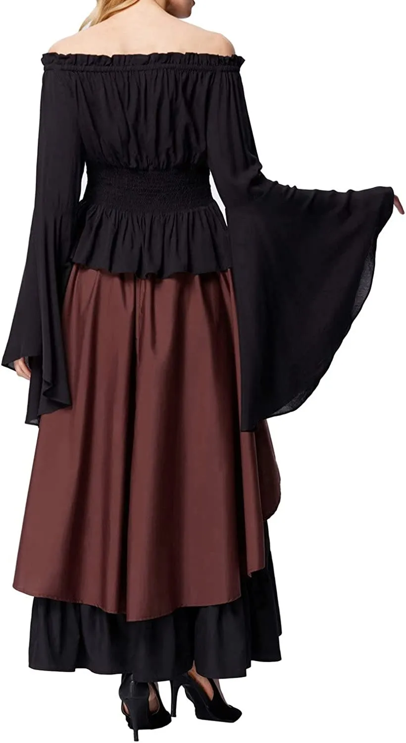 Women's Renaissance Gothic Blouse Bell Ruffle Off Shoulder Boho Corset Costume